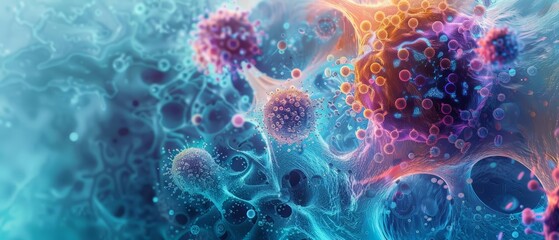 Discover the microscopic world with a splashy abstract microbe art in cool hues, adding a touch of surrealism, Sharpen banner template with copy space on center