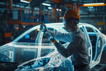 Automotive engineer at futuristic assembly line using advanced technology for car manufacturing