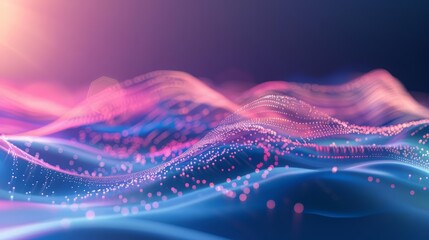 Flowing particles enhance the wave curved shape, integrating blue and pink gradient geometric shapes into the background, Sharpen 3d rendering background