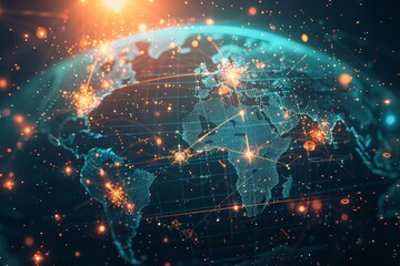 Fototapeta premium Global network connection visualized through an abstract world map, sharpen banner template with copy space on center