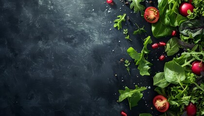 Healthy vegan vegetarian food presented as an art, creative food flat lay banner, with solid background and copy space on center for advertise