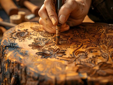 Skilled pyrography burning intricate designs into rustic wooden surface showcasing traditional handcraft and creativity in the arts
