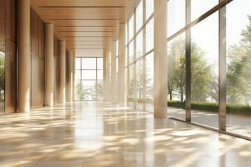 Modern office hall with panoramic windows in beige and brown tones, spacious and elegant