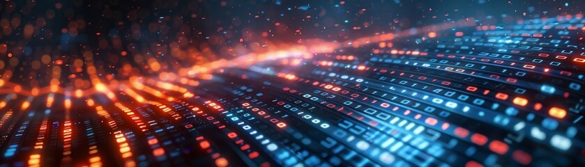 Illustration of a futuristic digital landscape with intricate binary code patterns, representing the advancement and complexity of big data ideas.