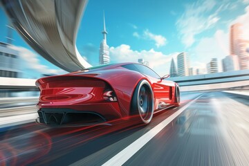 Red business car racing at high speed on sunny highway with motion blur in daylight scene