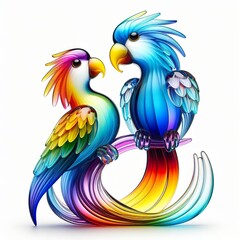 Fototapeta premium A stunning blown glass sculpture of a playful, couple parrot with seamlessly blended rainbow colors, white background