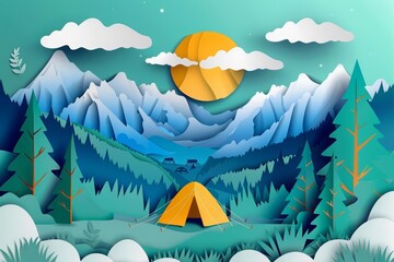 Majestic mountains and a quaint campsite are depicted in a summer landscape, rendered in vivid paper art style for an outdoorthemed banner with copy space on center