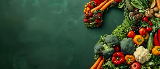 Question mark made by vegetables and fruits, creative food flat lay banner, with solid background...
