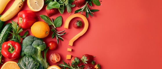Question mark made by vegetables and fruits, creative food flat lay banner, with solid background and copy space on center for advertise