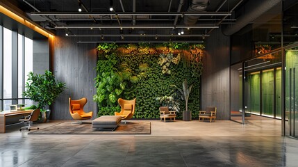 modern office spaces of green environments with planted walls create a refreshing atmosphere. Ample text copy space for customization - Powered by Adobe
