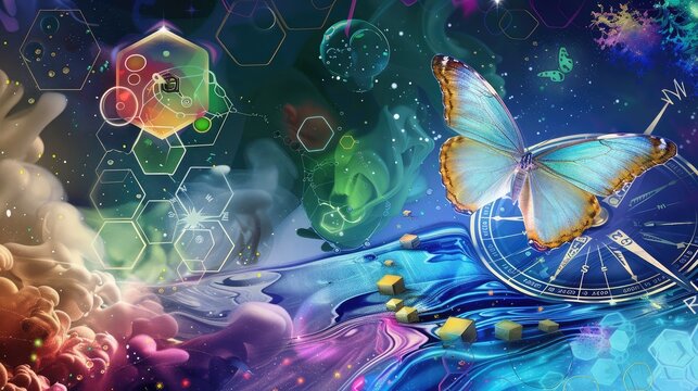 Colorful Dream World Of Floating Liquids, Hexagonal Theme, A Playful Butterfly, And A Dreamlike Compass.