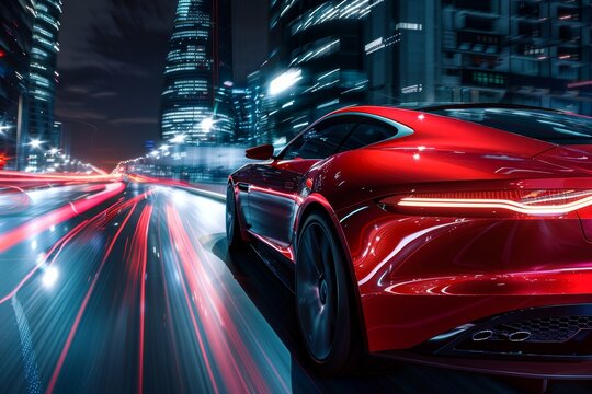 Rear view of a red business car speeding along a high-speed highway in the vibrant night cityscape