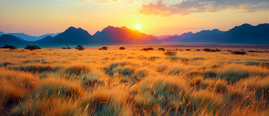 A large field of tall grass with a sun setting in the background - Powered by Adobe
