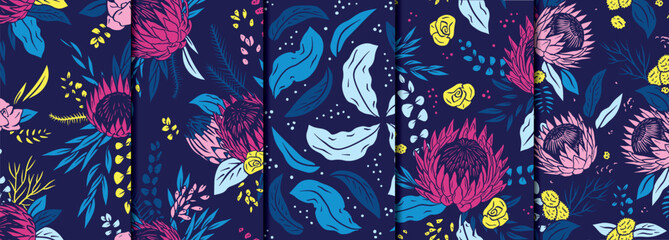 5 Seamless patterns set with pink protea flowers on blue background. Tropical floral wallpapers bundle.