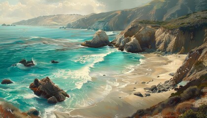A coastal scene in shades of turquoise, where waves crash against rugged cliffs and sandy beaches