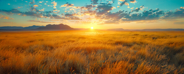 A large field of tall grass with a bright orange sun in the sky - Powered by Adobe
