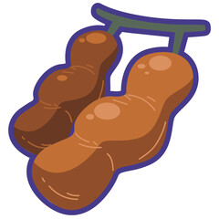 Cartoon tamarind or tintiri fruit vector illustration, whole and half slice indian date, buah asamor imli  image, tamarindo or asam jawa isolated on white, tamarindus indica or tamarinier