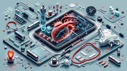 A futuristic infographic blending medical heart cardiology research, biometrics, and hospital services.