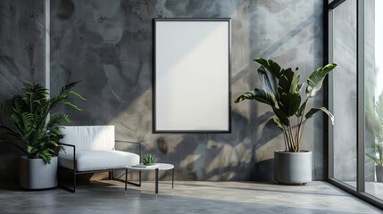 The Mockup poster frame stands out in a minimalist modern interior, complementing the subtle decor perfectly, 3D render sharpen