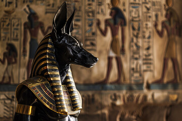Side view of egyptian god Anubis with head of a black jackal