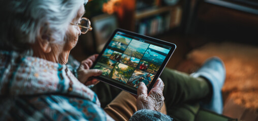An elderly woman is sitting on a couch and using a tablet to view pictures - Powered by Adobe