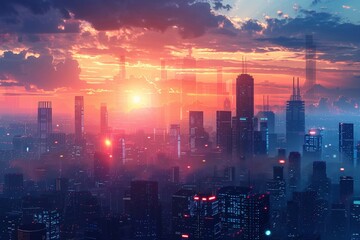 Fototapeta premium The futuristic cityscape glowed at dusk, showcasing sustainable architecture against the twilight sky with a sci-fi touch