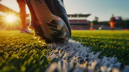 A close up of a soccer shoe read to kick a football in a big stadium