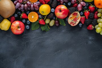 Assorted fresh and colorful fruits on black slate background, with space for personalized text
