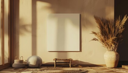 A 3D mockup frame highlights a square blank poster in a cozy modern interior, adding a touch of elegance, 3D render sharpen