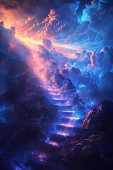 Steps leading to paradise, ethereal glow, traversing a spiritual path, panoramic view of clouds