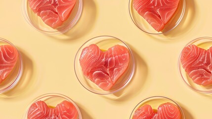 Pattern - lab-grown meat, cultured meat, lab petri dishes of heart shaped tuna lay on solid light blue background, minimalist clean vector style illustration