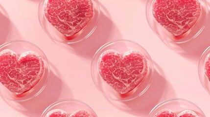 Fototapeta premium Pattern - lab-grown meat, cultured meat, lab petri dishes of heart shaped steak lay on solid light blue background, minimalist clean vector style illustration