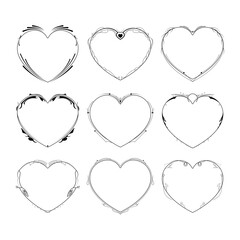 Set Abstract Collection Hand Drawn Frame Heart With Plants Doodle 14 February Holiday Concept Vector Design Outline Style On White Background Isolated Letter, Message, Mail, Cards, Posters