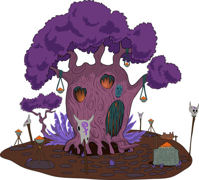 A cartoon purple shamanic tree that you can live in. The tree has windows doors and steps. Vector illustration building tree baobab for cartoon games or banner. A small courtyard with a grill and