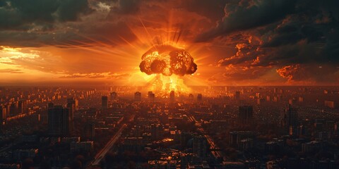 A cinematic display of a post-apocalyptic city destroyed by a nuclear blast.