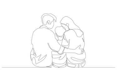 Continuous one line drawing of father and mother sitting and hugging son from rear view, parenting and family concept single line art.