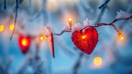 Red heart garlands are beautifully illuminated with glowing lights against a frosty backdrop, creating a cozy winter atmosphere with a touch of charm.