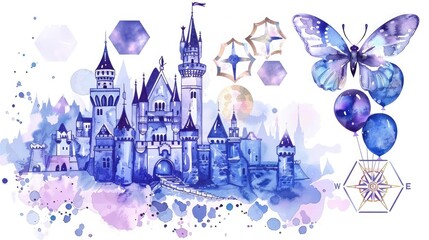 Castle with royal fluids, heraldic patterns, a noble butterfly, king's compass, and regal balloons.