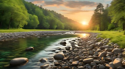 Mountain River at sunsetOrange summer sunset on the Russian river Volga. ai genrative 