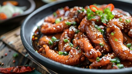 Braised Chicken Feet Use intricate detailing and textures to illustrate the savory dish of braised chicken feet, highlighting the richness and depth of flavor