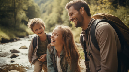 Fototapeta premium A family laughing and happy hiking next to a creek 