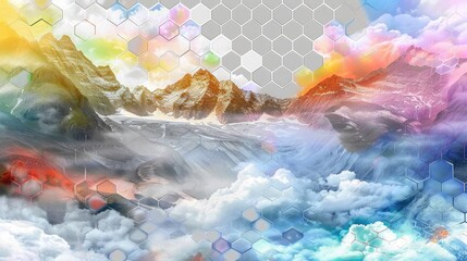 Mountainous backdrop with colorful liquid clouds floating above a geometric patterned sky.