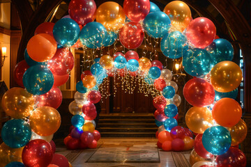 A balloon arch adorned with fairy lights woven through the balloons, creating a dazzling and luminous display for parties or celebrations.