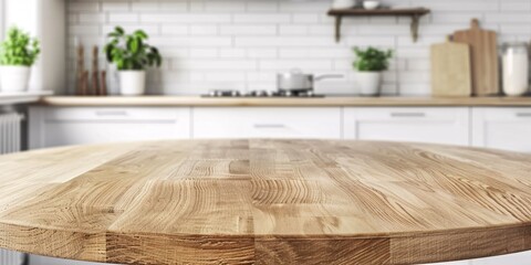 Clean and bright kitchen background with an empty, attractive circular wooden counter, perfect for product displays.