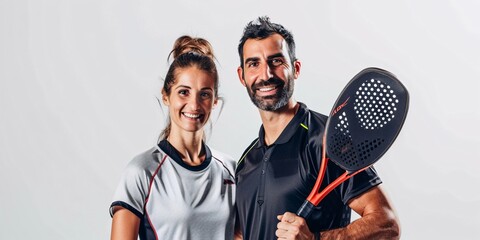 A duo of padel tennis players using paddles, isolated on a white background, perfect for a sports app.