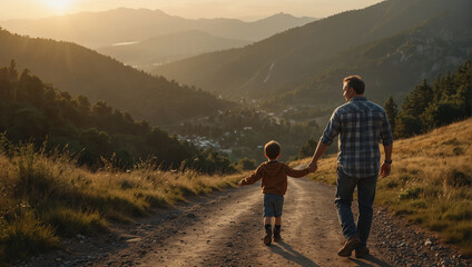 Obraz premium Father walking with his son r along a quiet mountain road as the sun rises