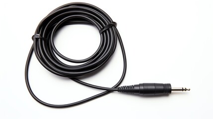 Artistic photo of a lavalier microphone, small and discreet, clipped to a phantom black cable, isolated on a white background, ideal for broadcast or live performance visuals.