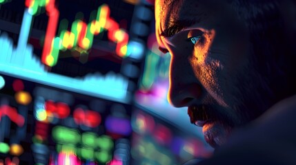 Intense of a Trader Closely Monitoring Dynamic Charts and Tickers on Multiple Screens