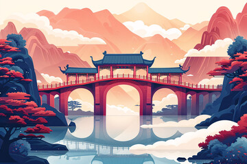 Beautiful ancient bridge verandah Chinese style hand-painted illustrations, Chinese style ancient...
