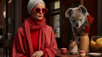 Envision a sophisticated koala in a cashmere cardigan, paired with a silk scarf